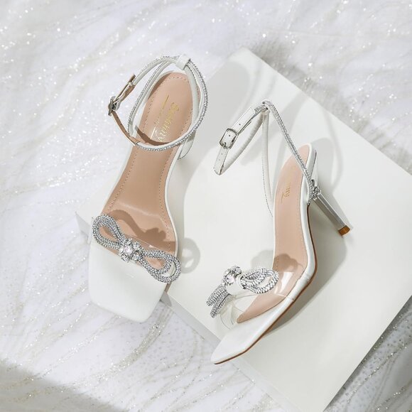 Women's White+bl Closed Toe Rhinestone Wedding Low Slingback Clear Kitten Heels - Picture 3 of 9